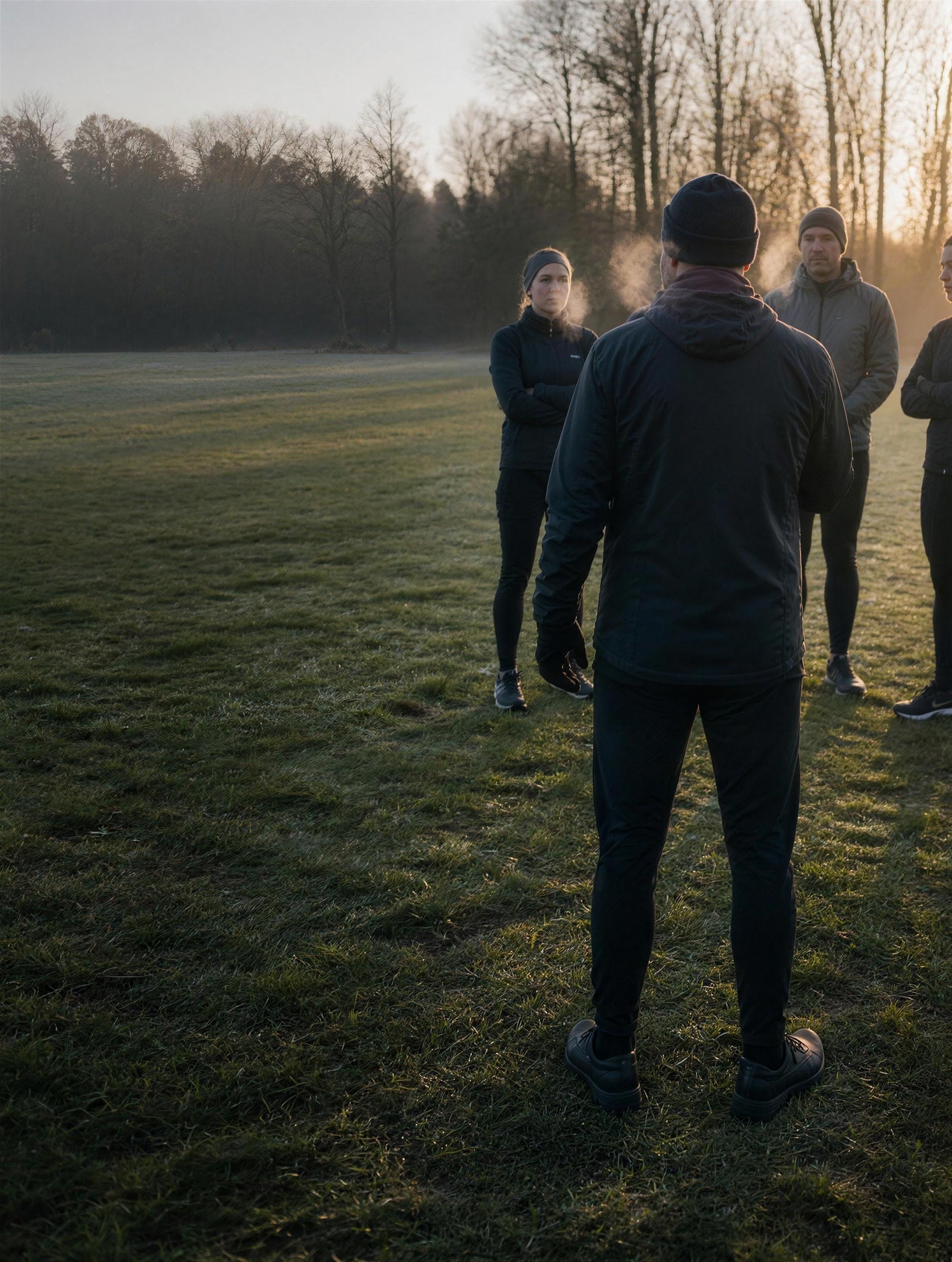 Image d’ambiance — un coach de dos s’adressant à un petit groupe sur l’herbe gelée, au lever du jour.