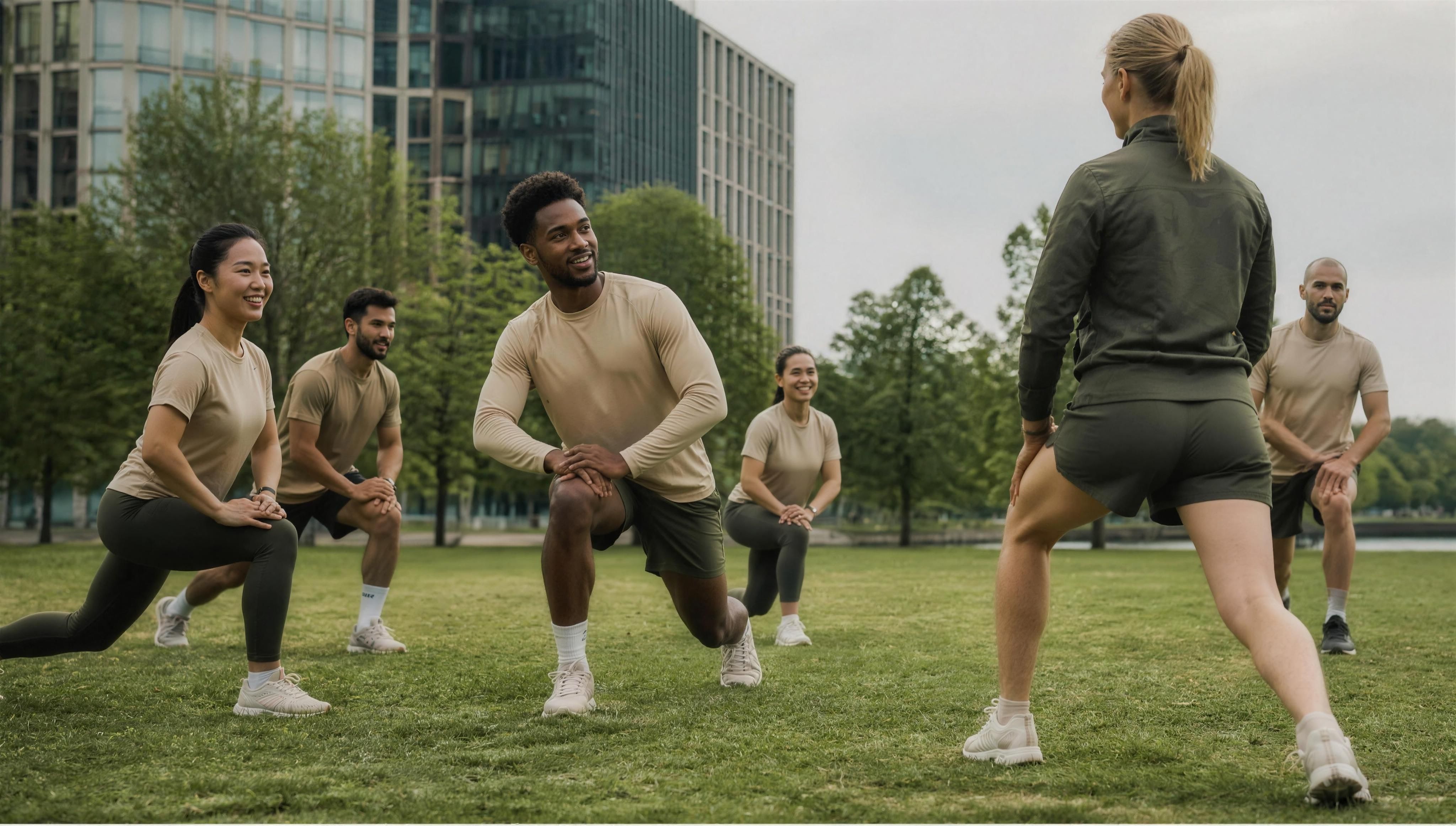 Image d’ambiance — un groupe en tenue de sport s’échauffe sur une pelouse entre des immeubles de bureaux.