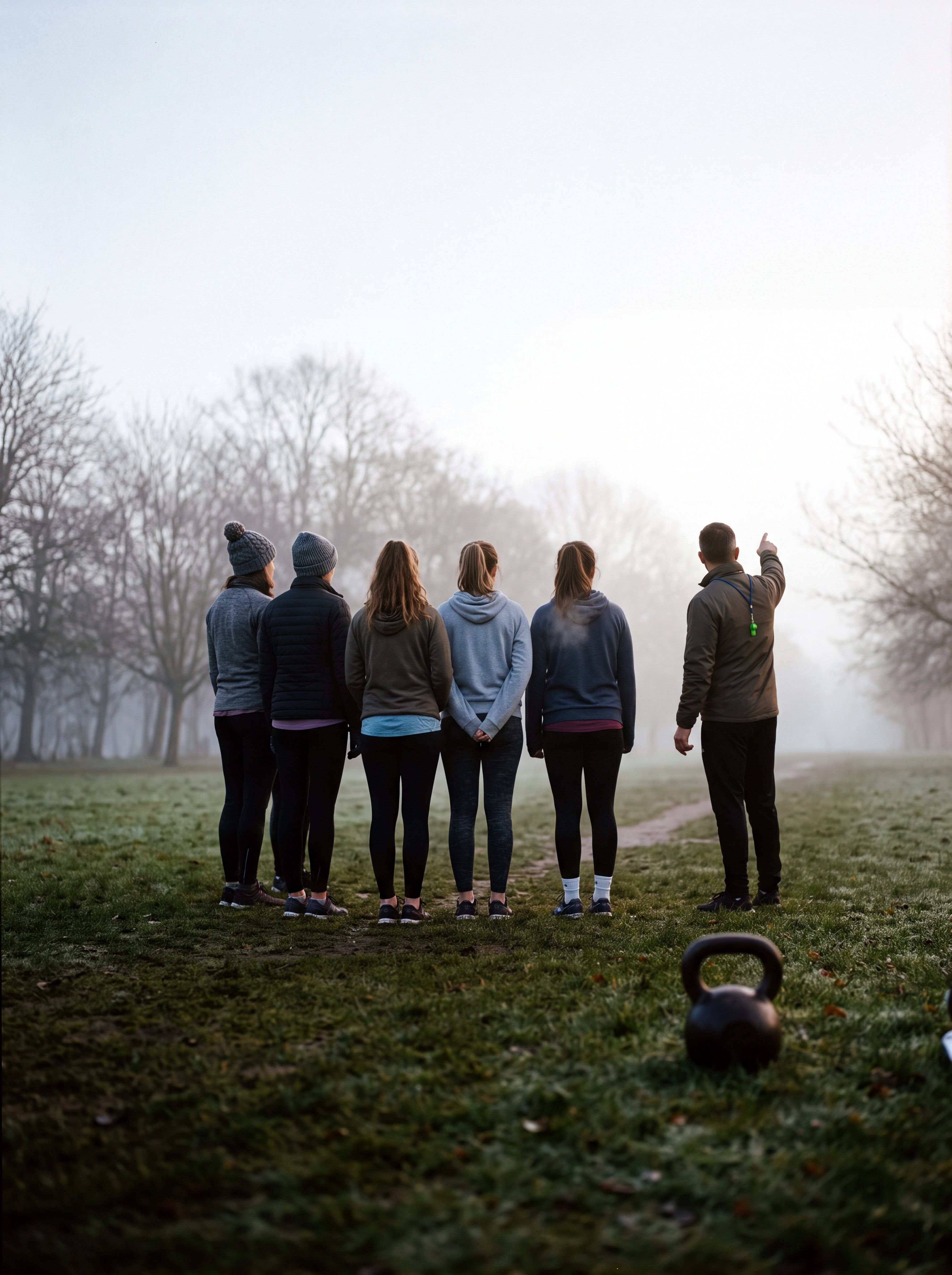 Image d’ambiance — un petit groupe s’entraîne sur une pelouse dans la brume, un coach debout à côté.