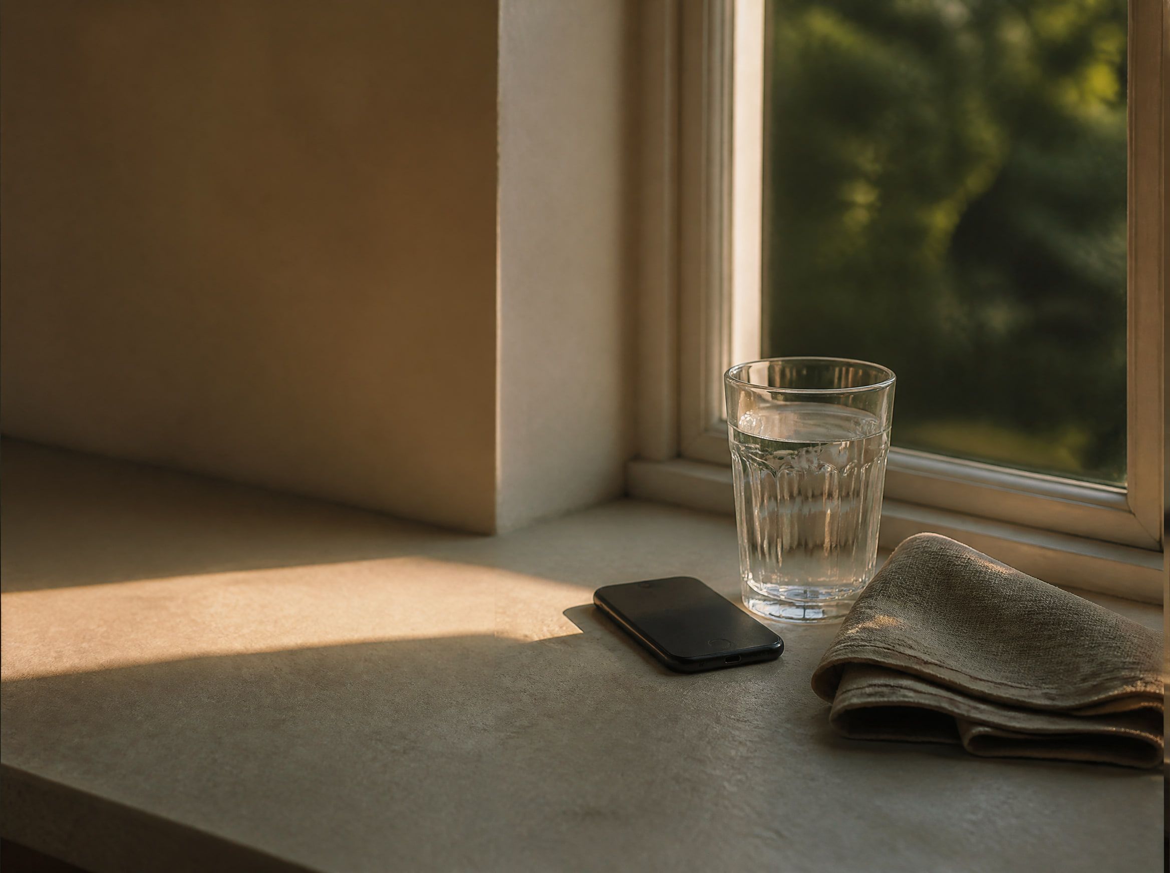 Image d’ambiance — un rebord de fenêtre au lever du jour, un téléphone posé face contre pierre.
