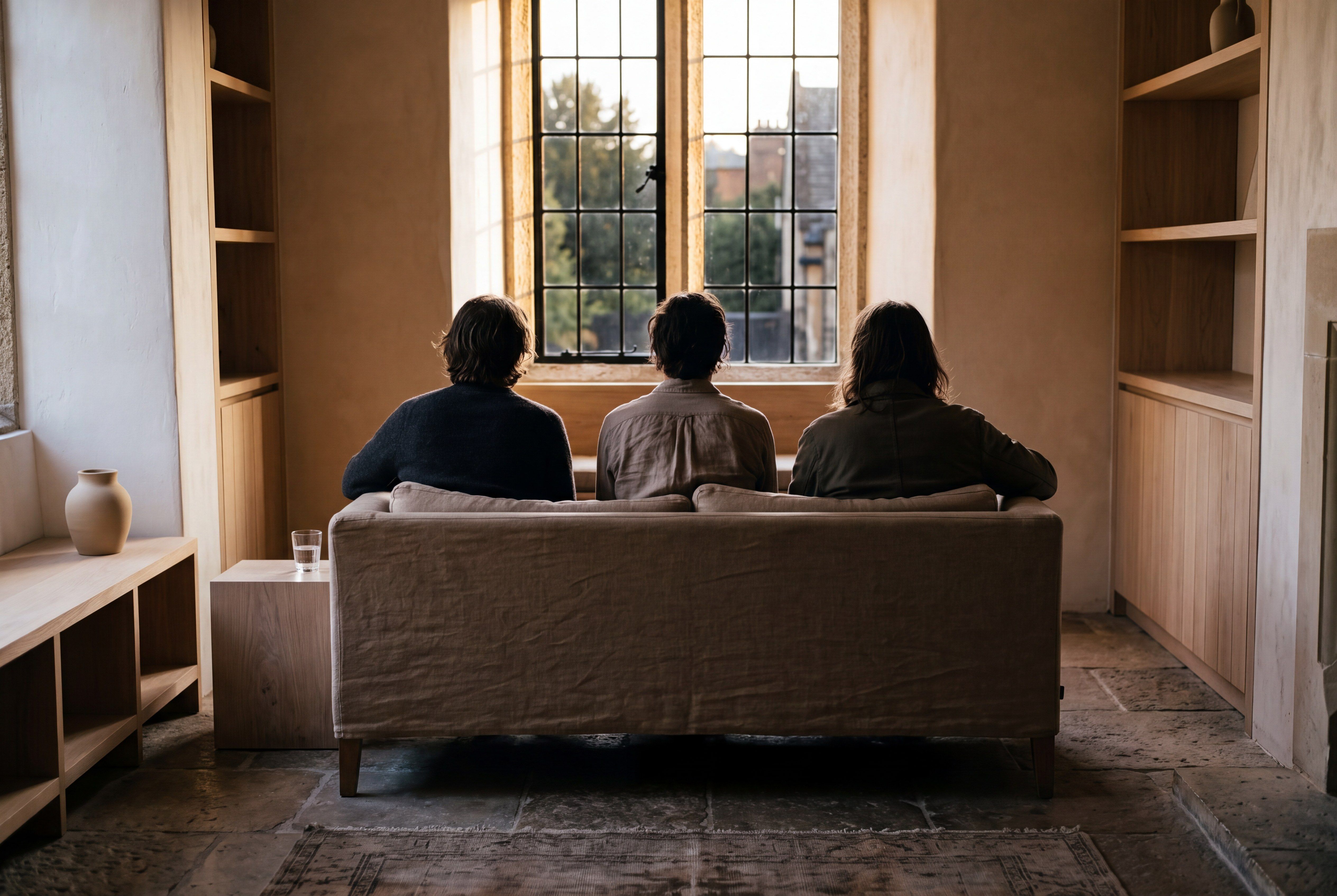 Image d’ambiance — un salon clair à la lumière du soir, trois personnes à contre-jour devant une haute fenêtre.
