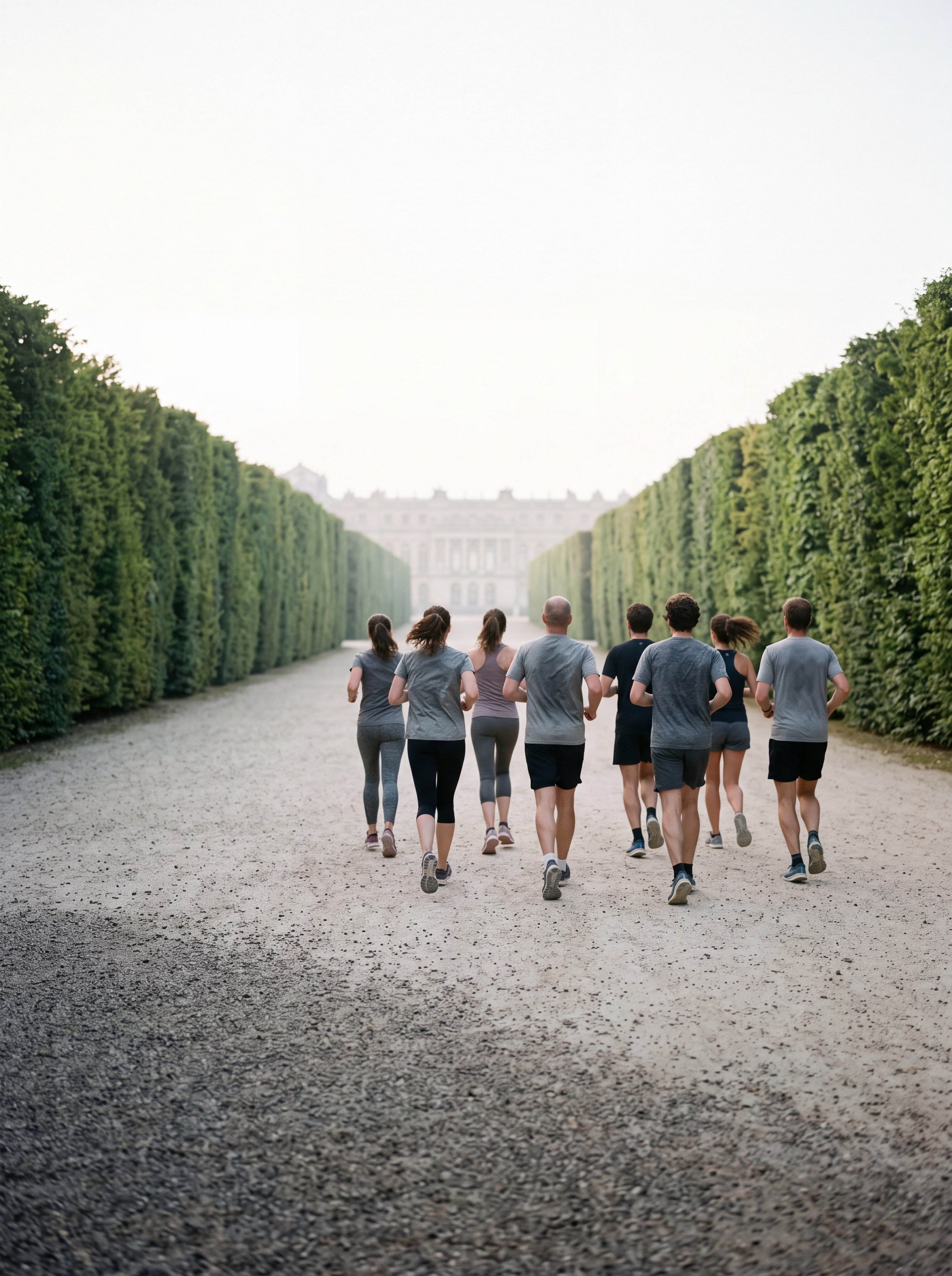 Image d’ambiance — un groupe de coureurs à l’aube sur une allée de gravier bordée de charmilles, une façade classique dans la brume.