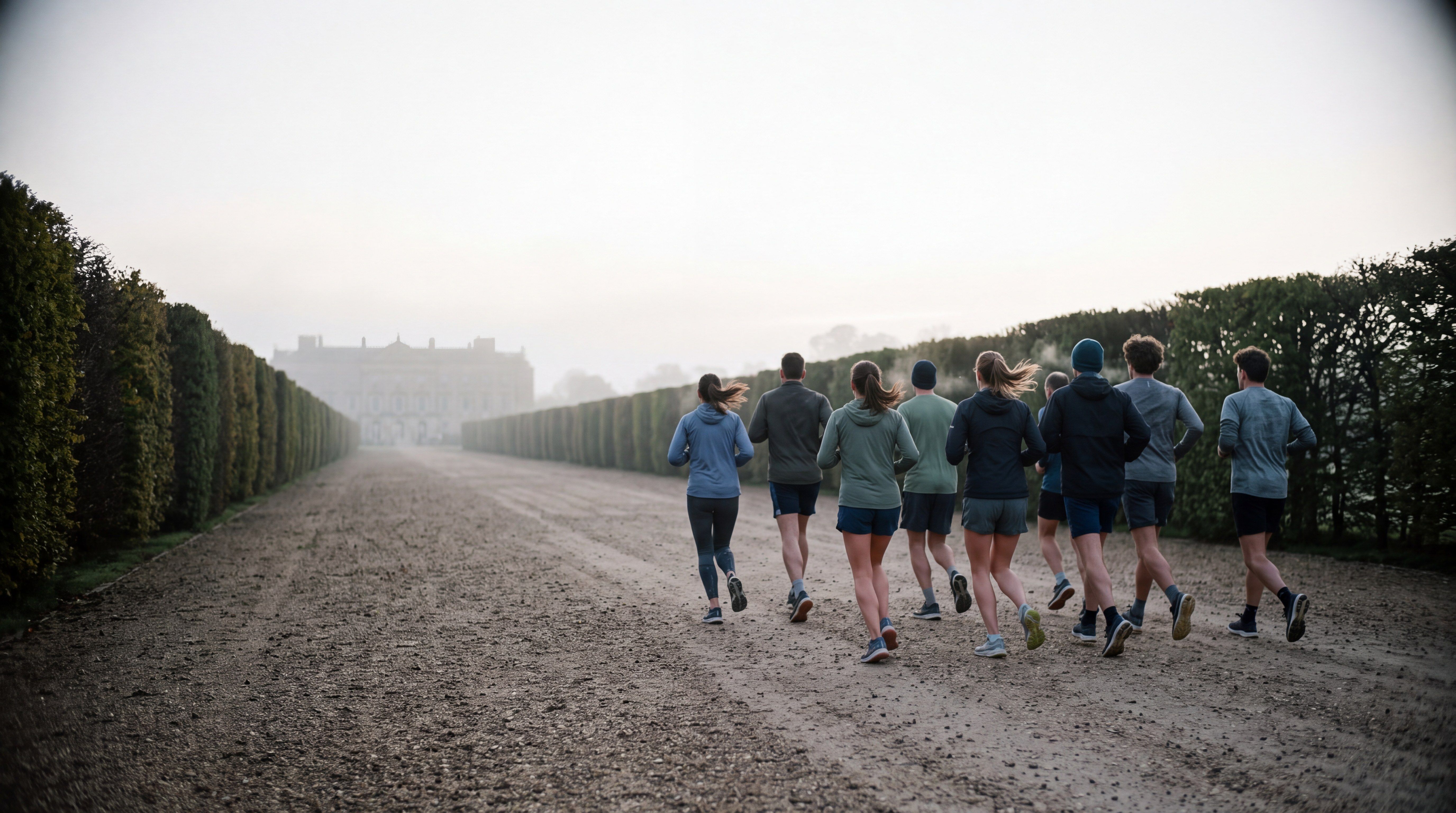 Image d’ambiance — un groupe de coureurs à l’aube sur une allée de gravier bordée de charmilles, une façade classique dans la brume.