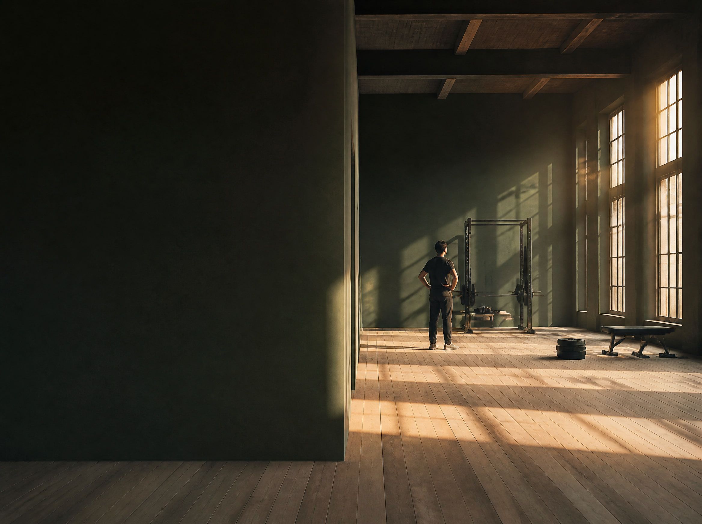 Image d’ambiance — une salle d’entraînement dépouillée aux premières lueurs, un coach seul.
