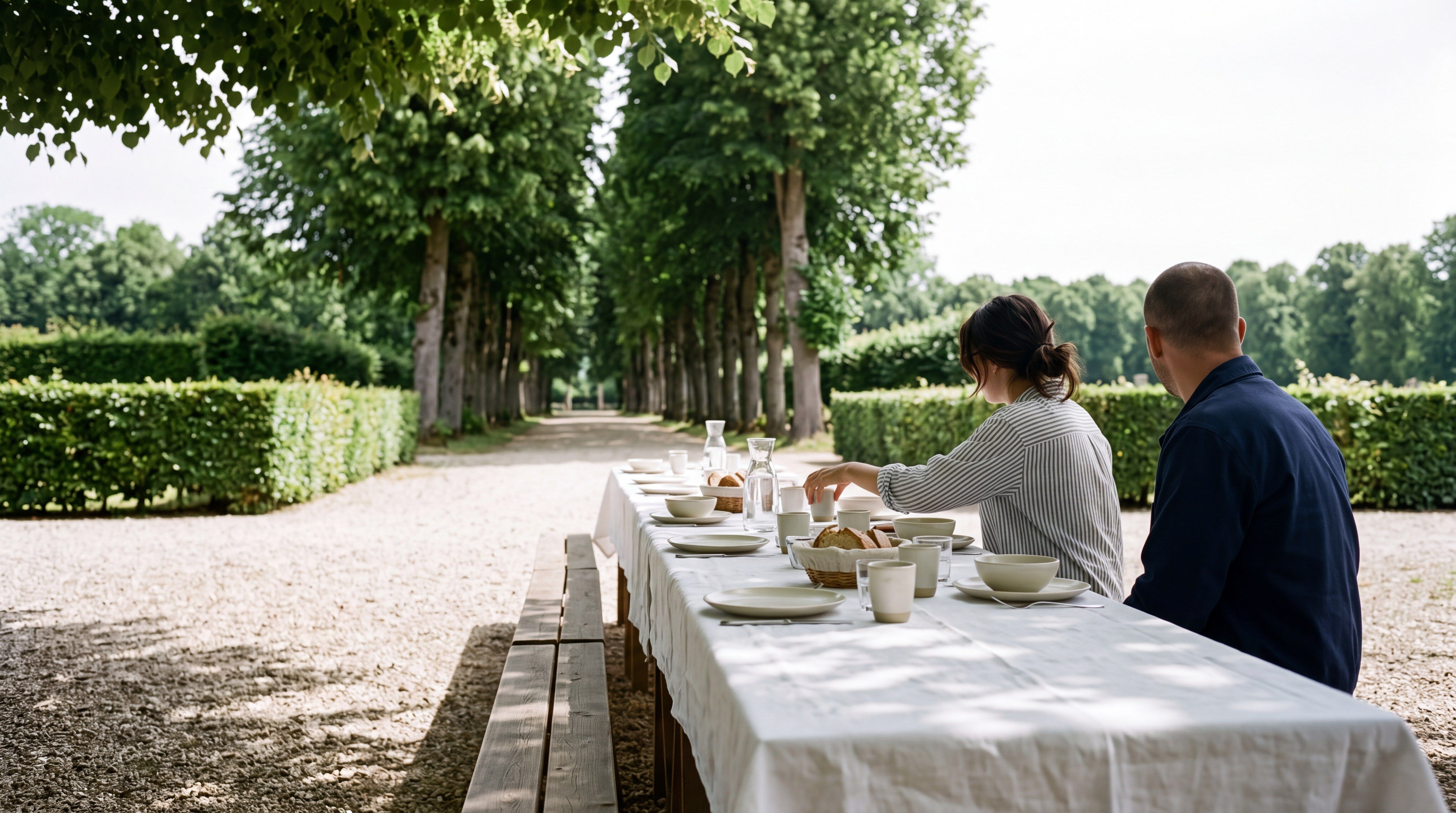 Image d’ambiance — une longue table dressée de lin et de céramique sur une allée de gravier, après l’effort.